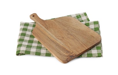 Wooden cutting board and checkered towel isolated on white