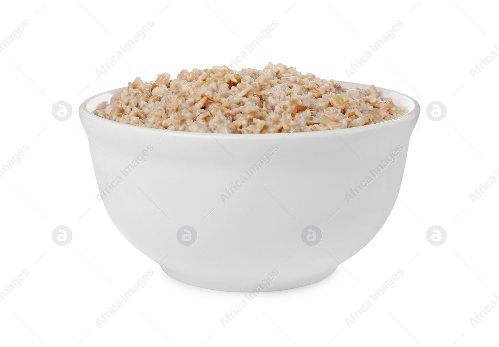 Photo of Tasty boiled oatmeal in bowl isolated on white