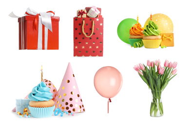 Image of Set of different birthday items on white background