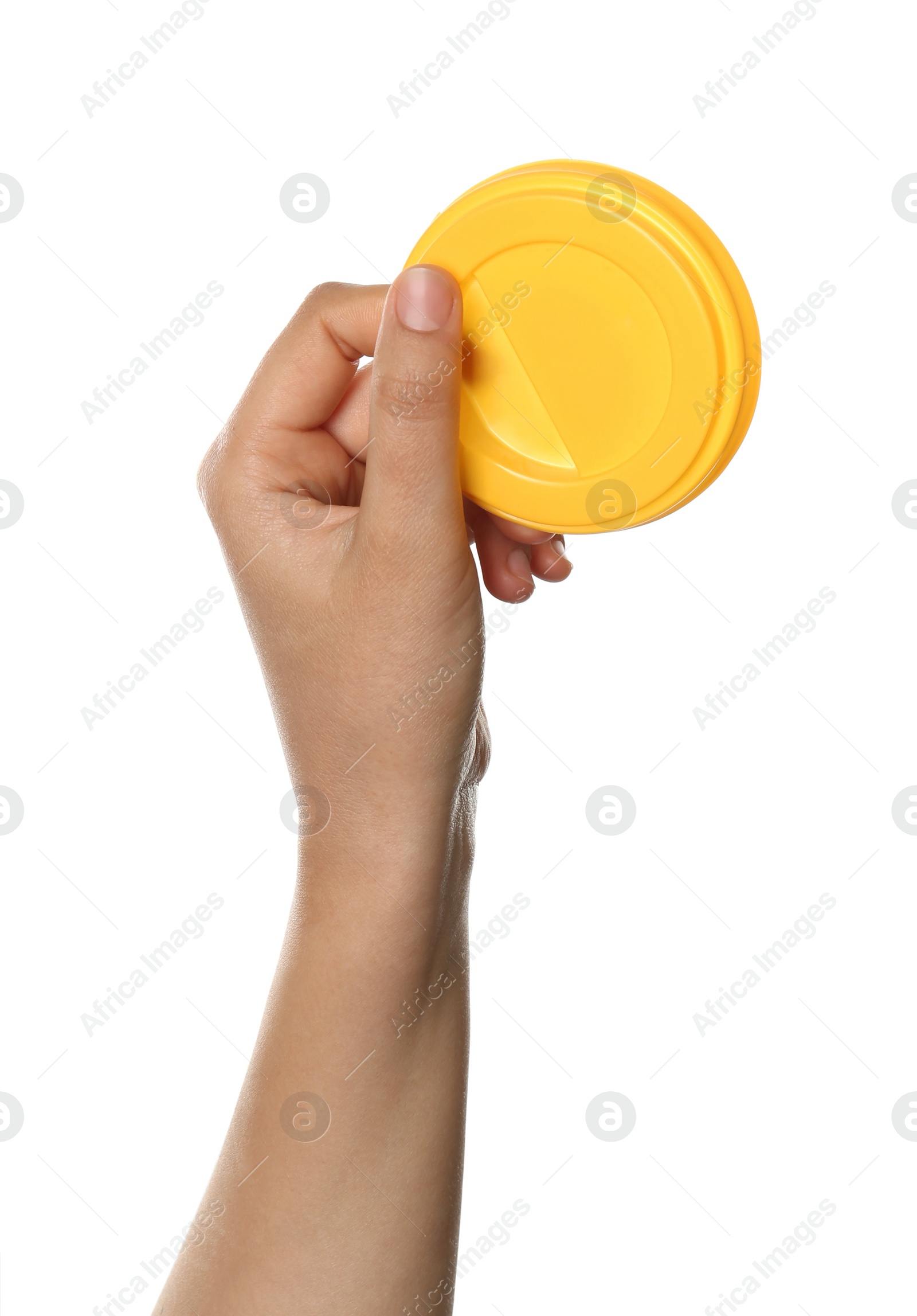 Photo of Woman holding plastic cap on white background, closeup