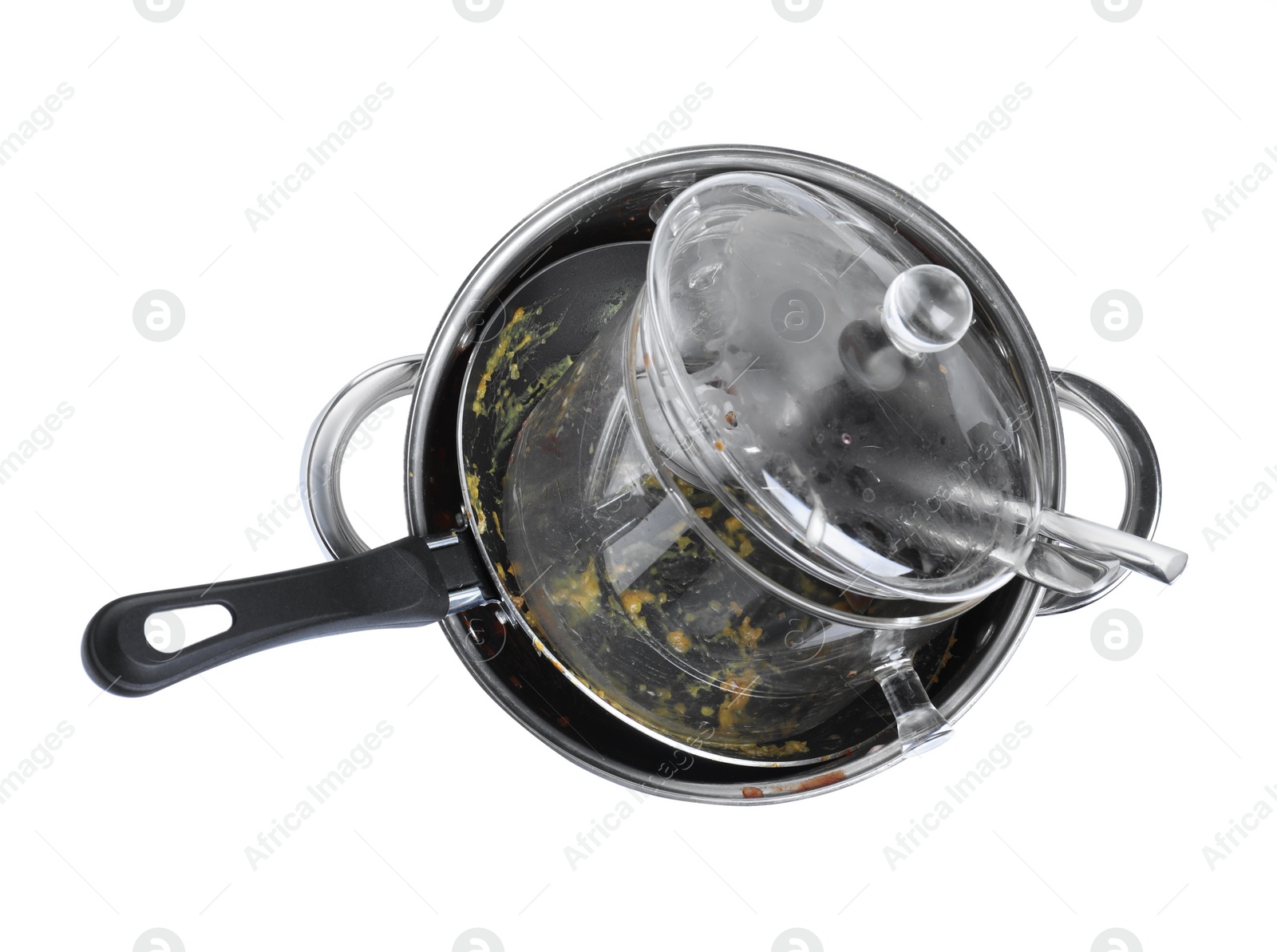 Photo of Stack of dirty dishes on white background, top view