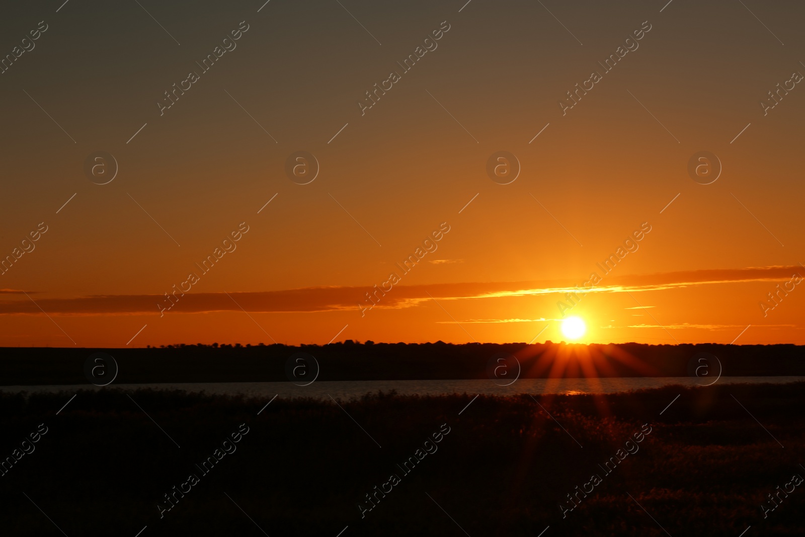 Photo of Picturesque view of beautiful sunrise on riverside. Morning sky