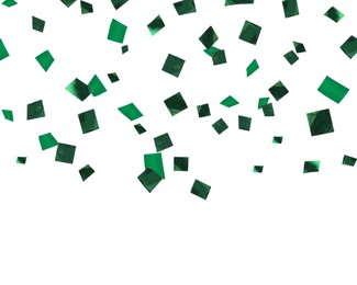 Shiny green confetti falling on white background