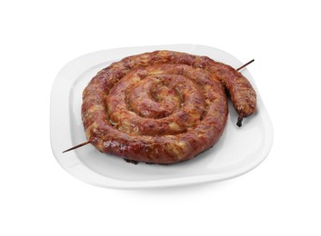 One ring of delicious homemade sausage isolated on white