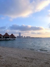 Beautiful view of sea and resort at sunset