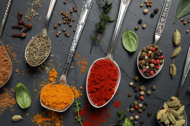 Photo of Different herbs and spices with spoons on black table, flat lay
