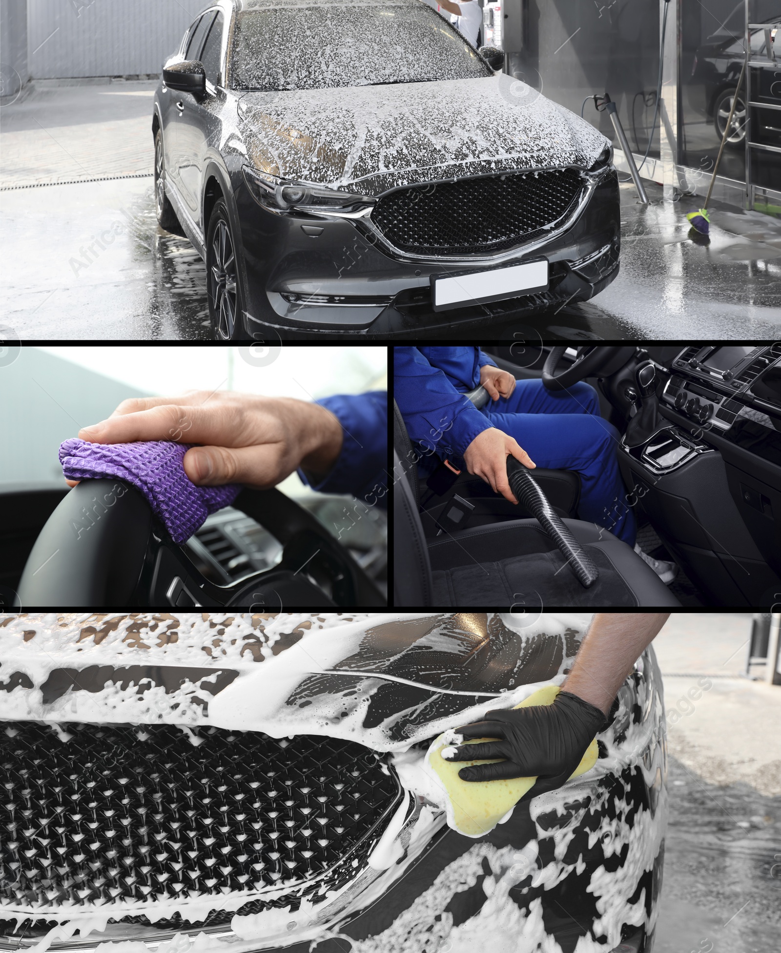 Image of Collage of people cleaning automobiles at car wash, closeup