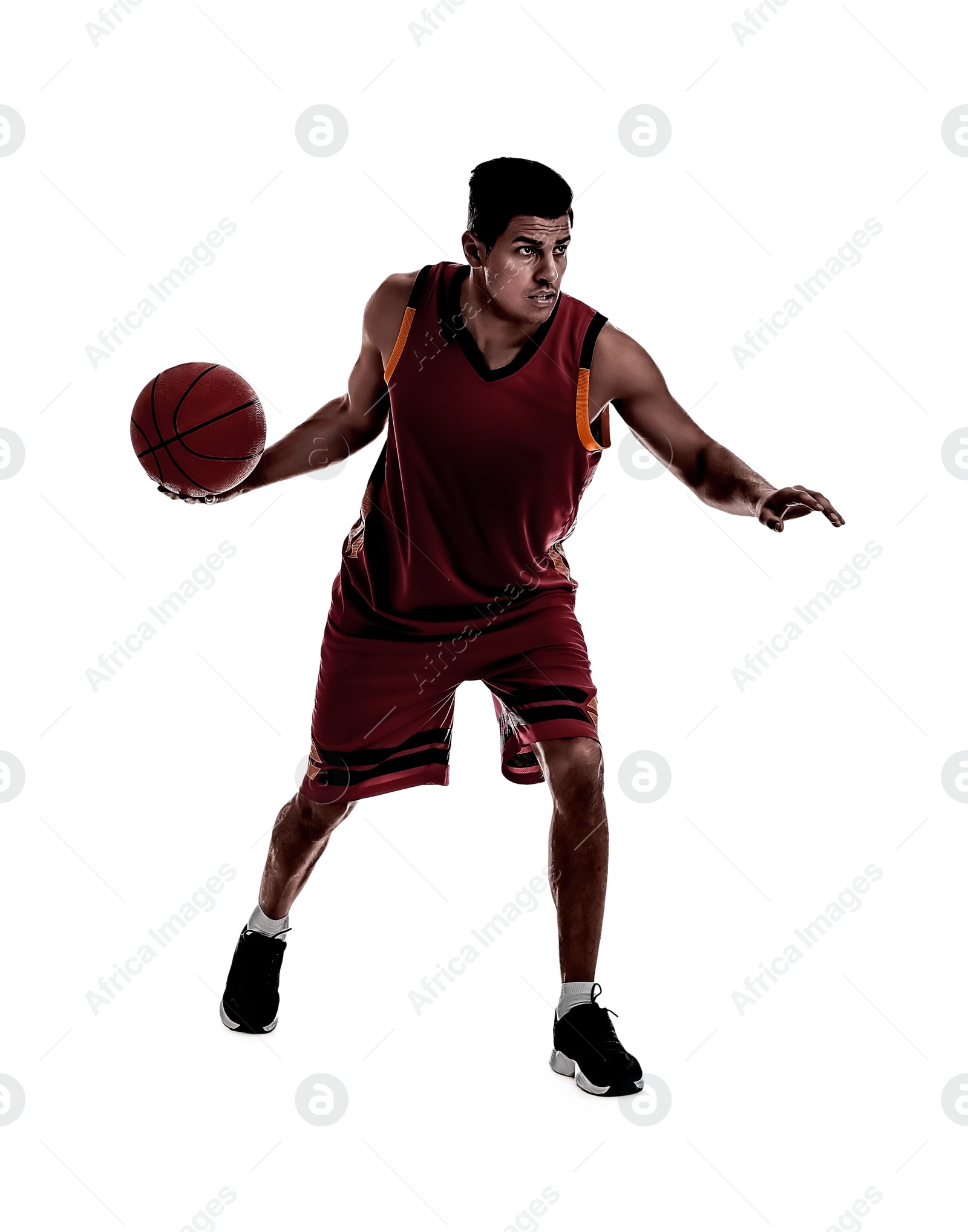 Image of Silhouette of professional sportsman playing basketball on white background