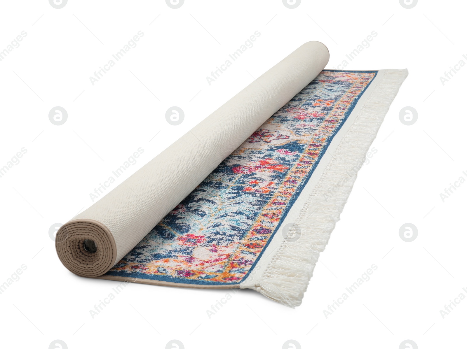 Photo of Rolled carpet with pattern on white background. Interior element