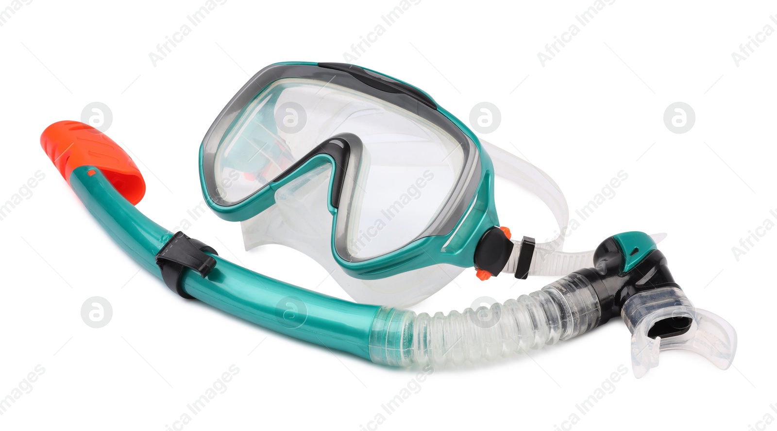 Photo of Turquoise diving mask and snorkel isolated on white. Sports equipment