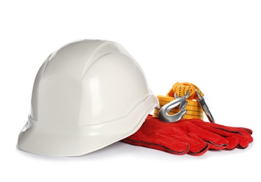 Photo of Set of safety equipment on white background