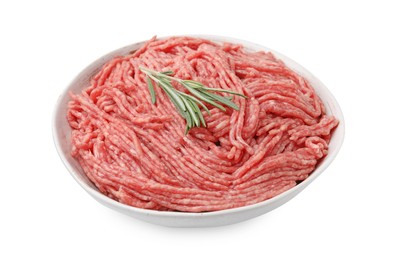 Fresh raw ground meat and rosemary in bowl isolated on white