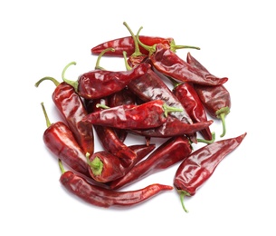 Dry chili peppers on white background