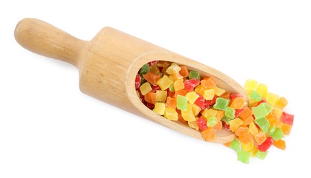Photo of Mix of delicious candied fruits in scoop on white background, top view