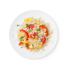 Photo of Plate of cooked bulgur with vegetables isolated on white, top view