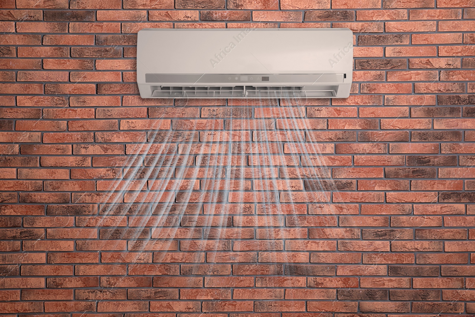 Image of Modern air conditioner on brick wall indoors