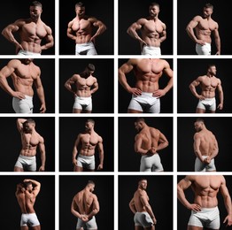 Image of Muscular man in stylish white underwear on black background, collection of photos