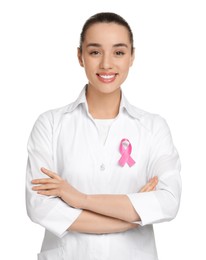 Photo of Mammologist with pink ribbon on white background. Breast cancer awareness