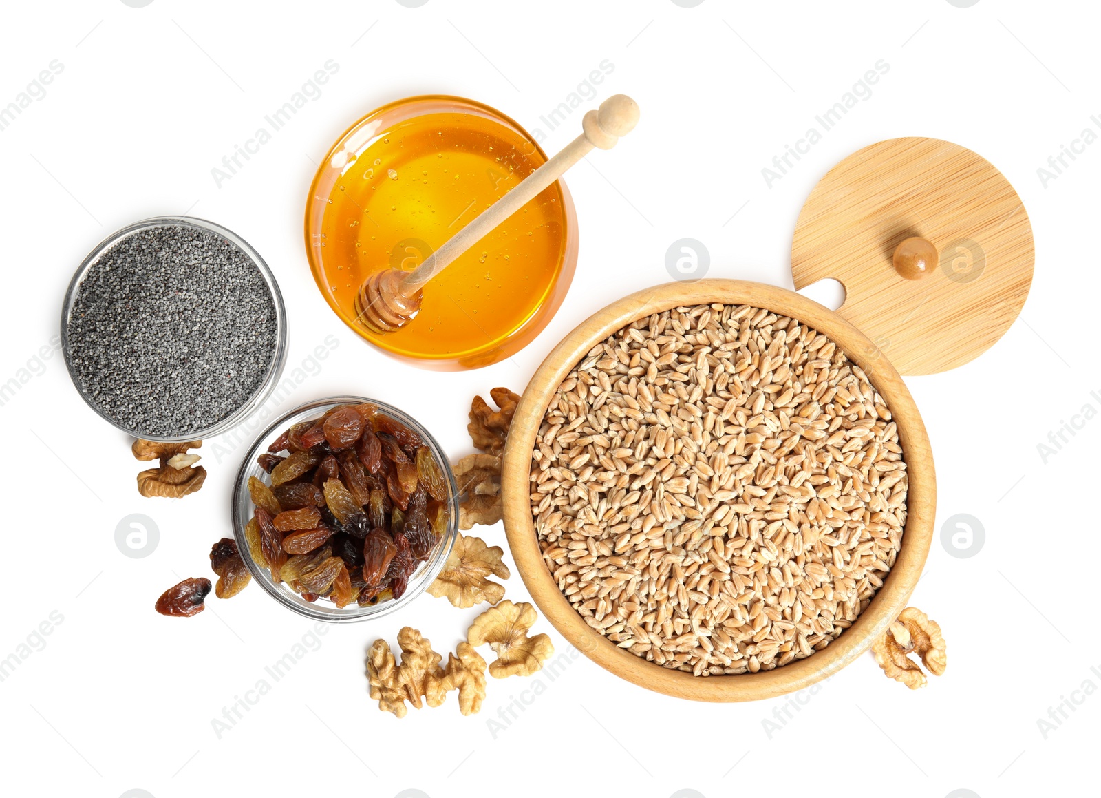 Photo of Ingredients for traditional kutia on white background, top view