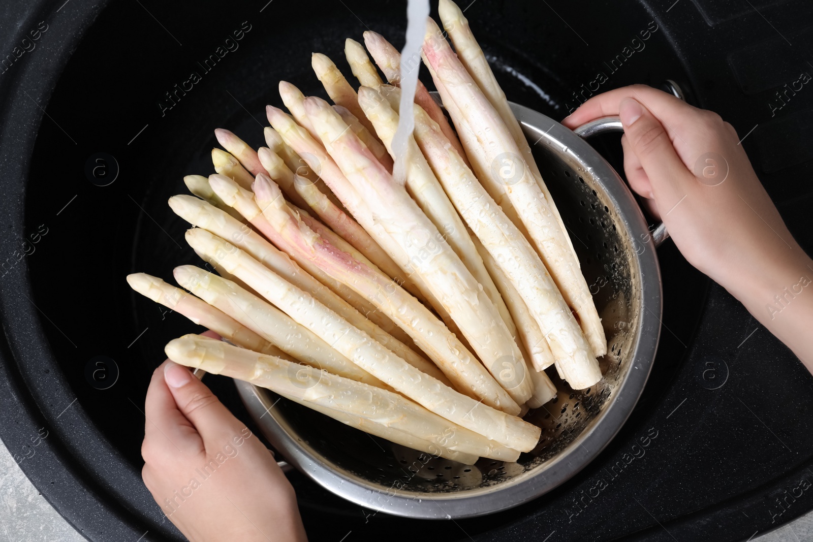 Photo of Woman washing fresh white asparagus over sink, closeup