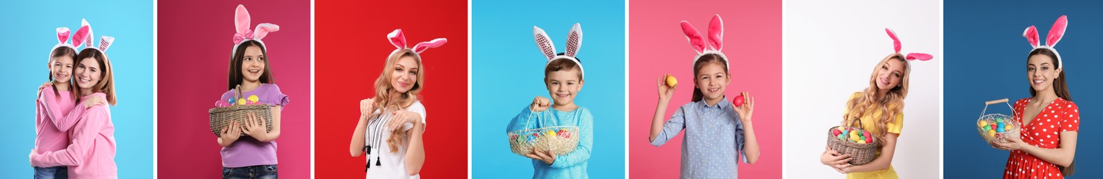 Image of Collage photos of people wearing bunny ears headbands on different color backgrounds, banner design. Happy Easter