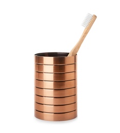 Photo of Bamboo toothbrush in holder on white background. Dental care