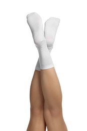 Photo of Woman in stylish socks on white background, closeup