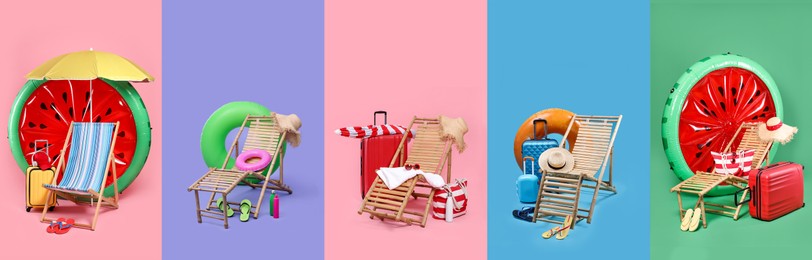 Image of Deck chairs and beach accessories, set with different color backgrounds