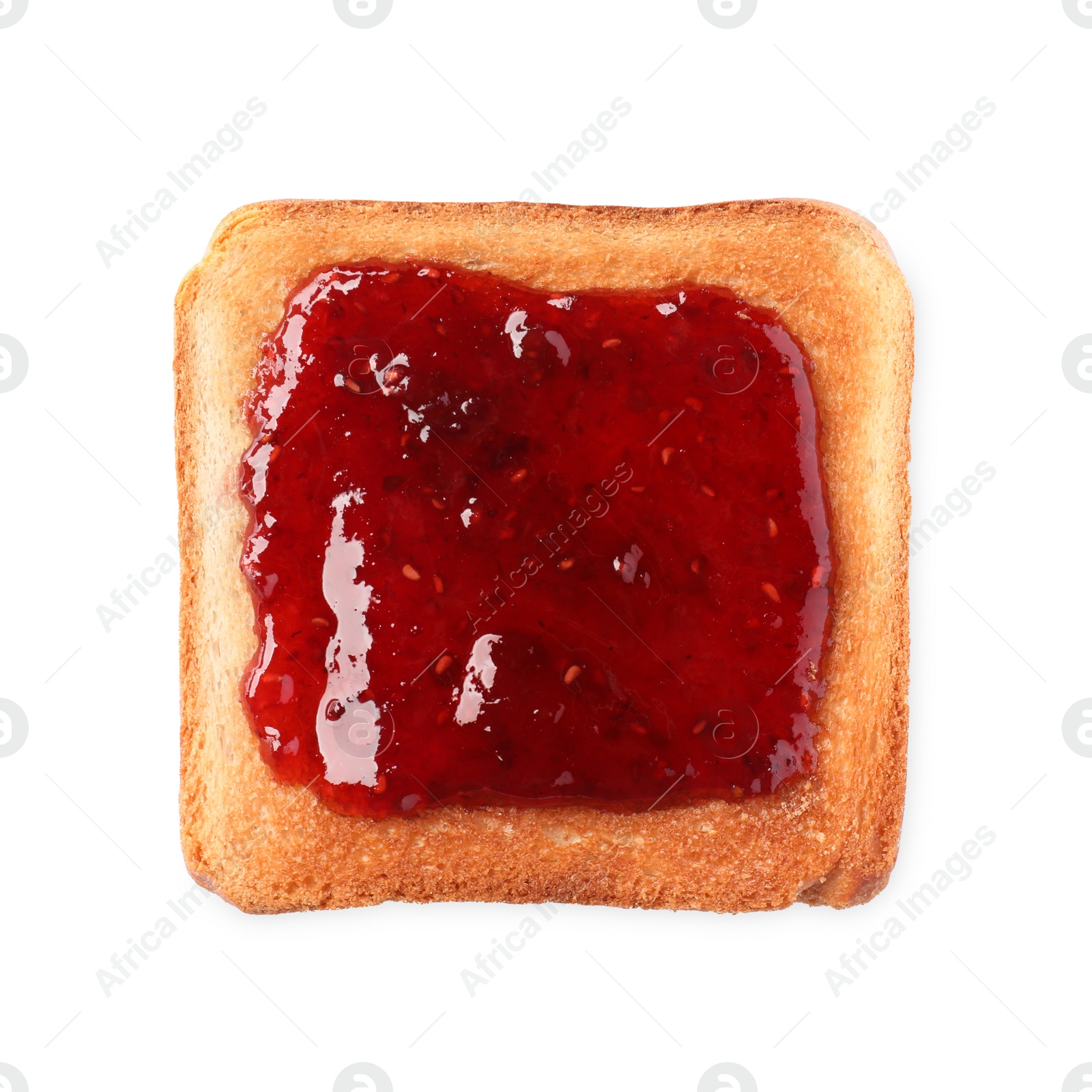 Photo of Delicious crispy toast with berry jam isolated on white, top view
