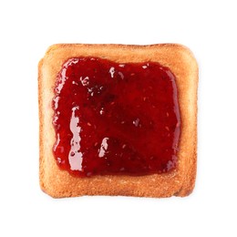 Delicious crispy toast with berry jam isolated on white, top view