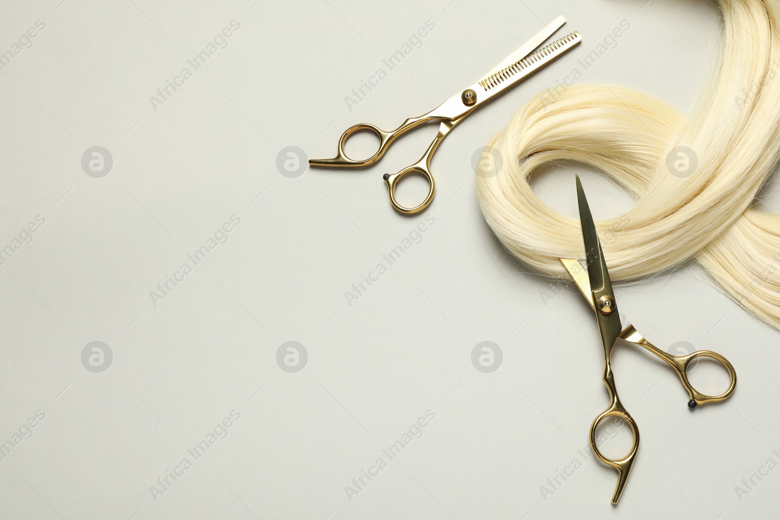 Photo of Professional hairdresser scissors with blonde hair strand on light grey background, flat lay. Space for text