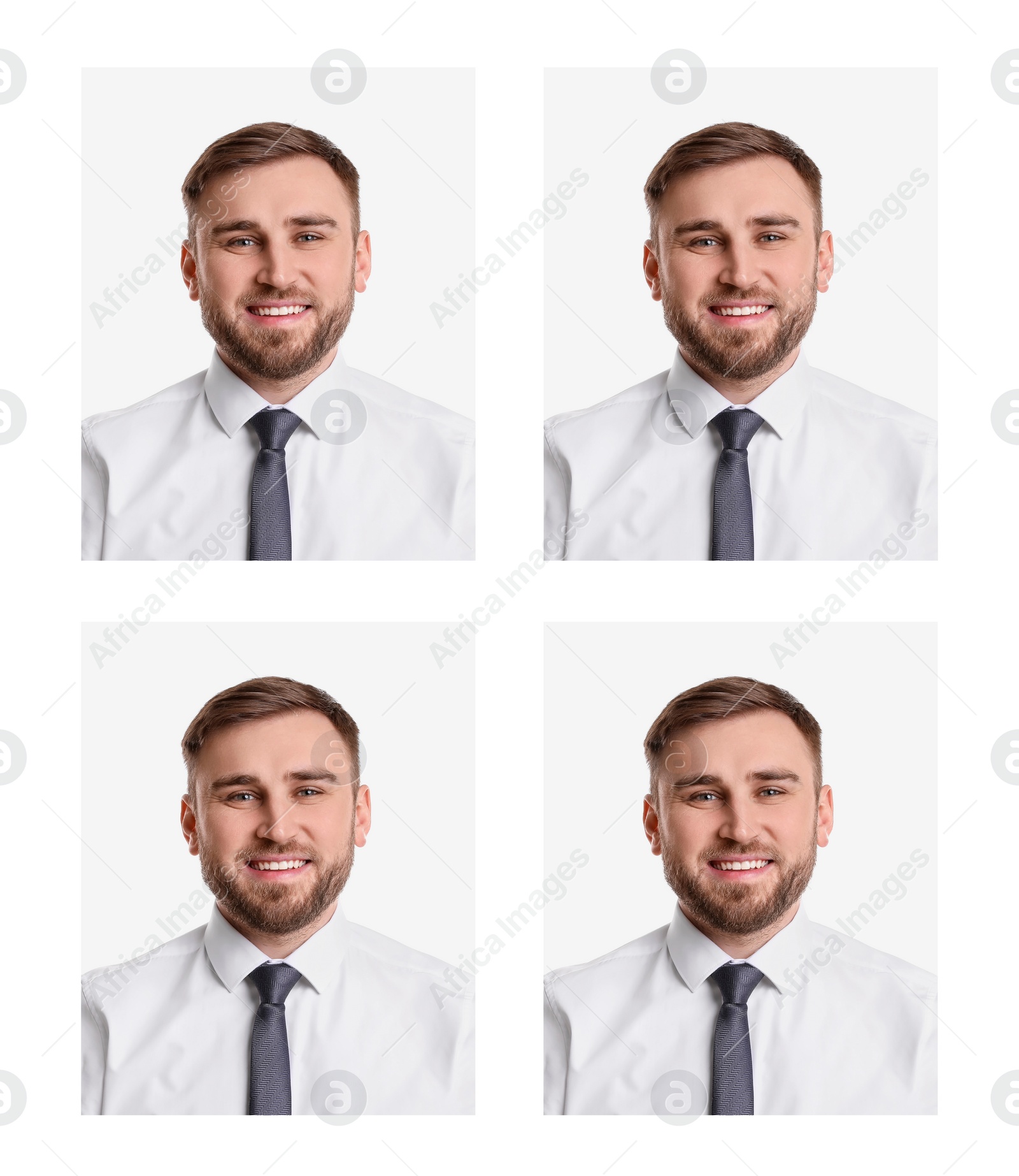 Image of Passport photo, collage. Man on white background, set of photos