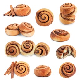 Image of Tasty cinnamon rolls isolated on white, set