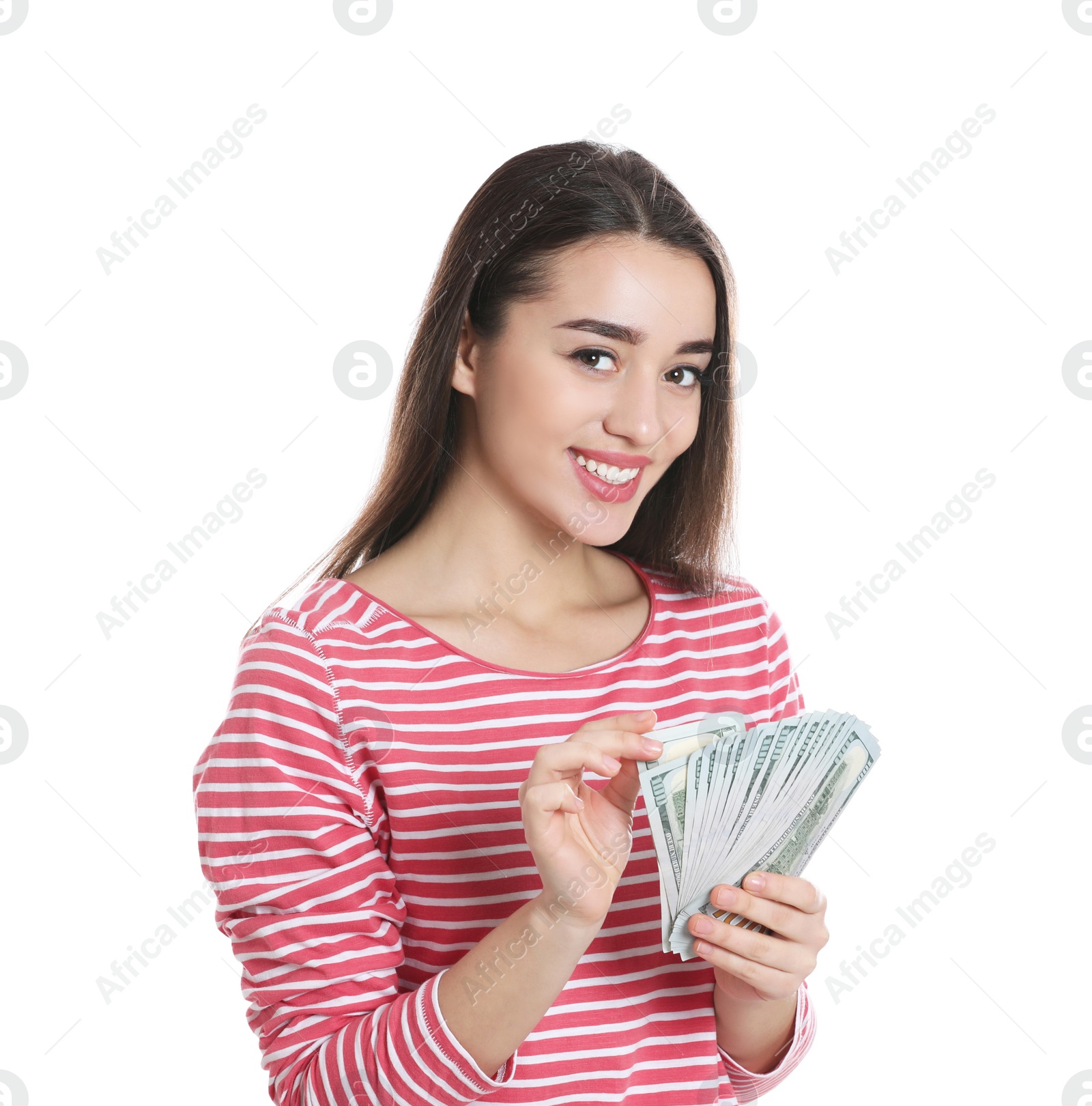 Photo of Portrait of happy young woman with money on white background