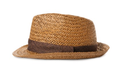 Photo of Stylish straw hat isolated on white. Fashionable accessory