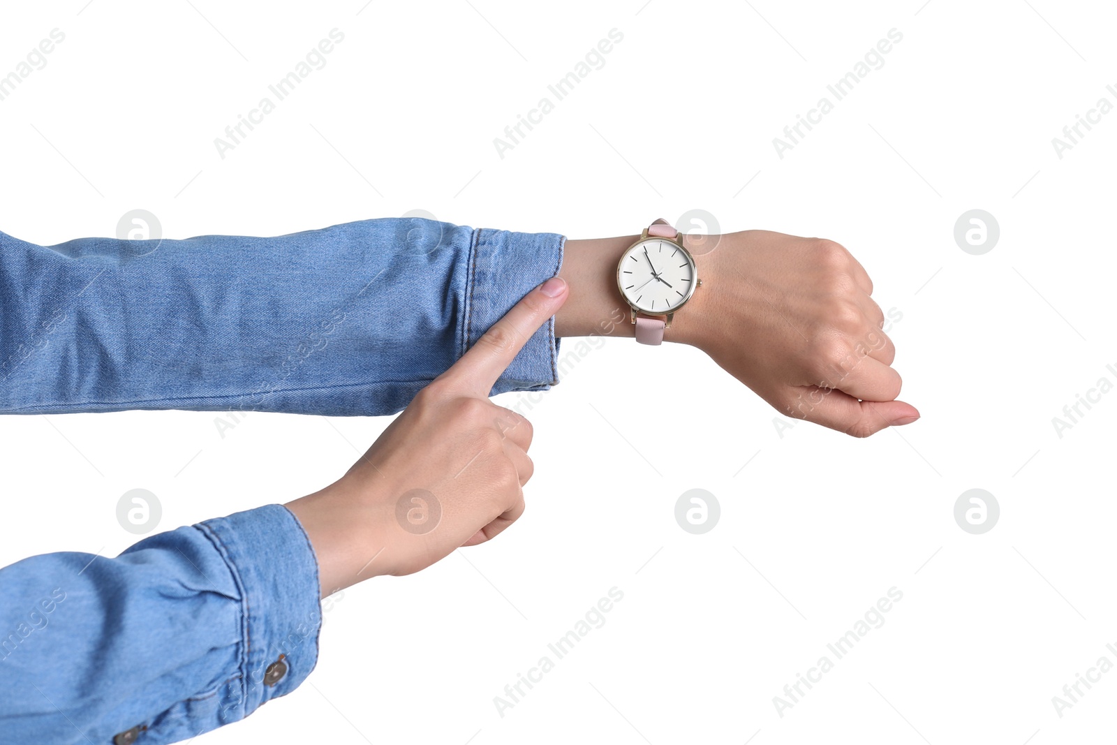 Photo of Young woman with wristwatch on white background. Time concept