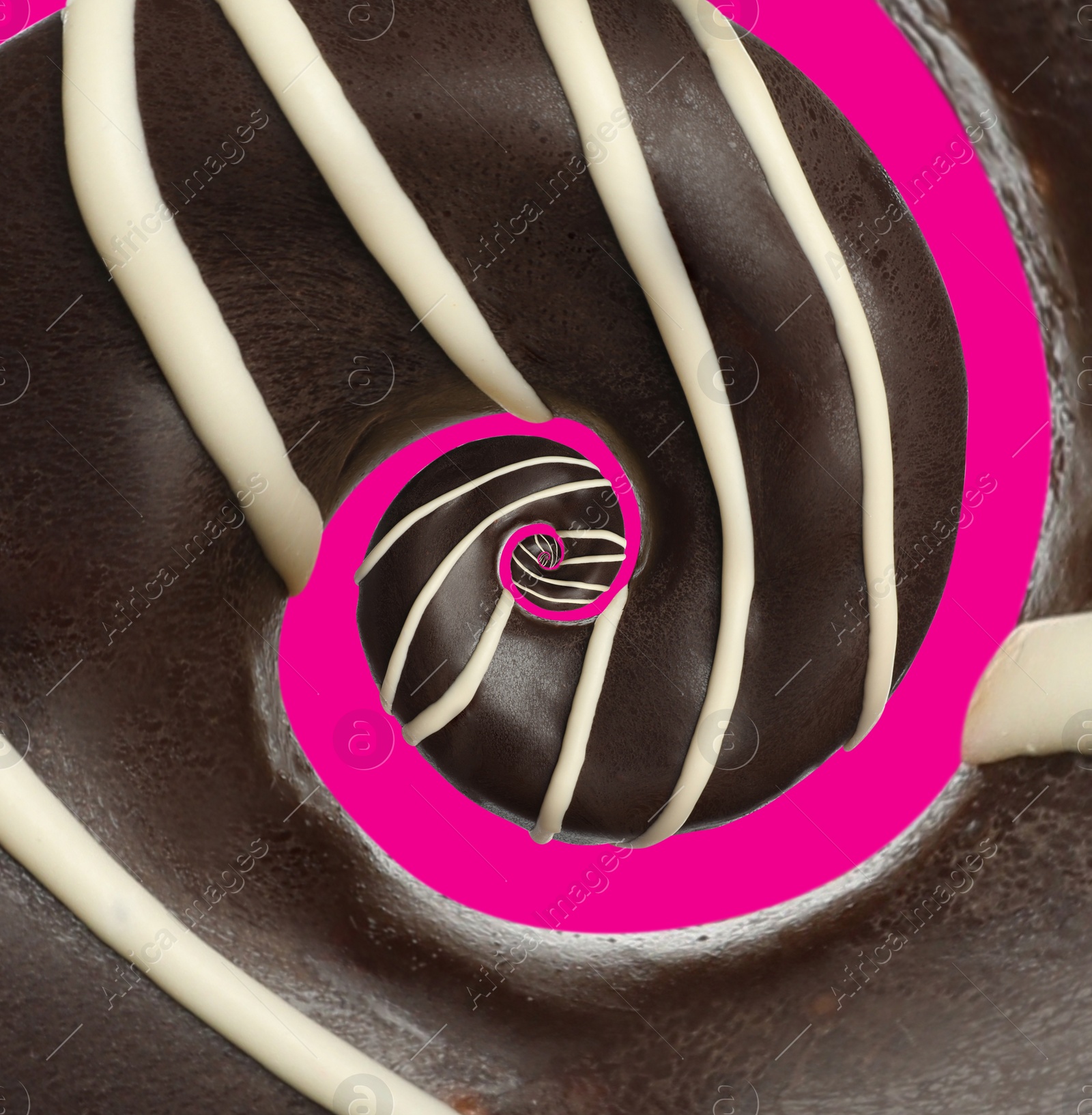 Image of Twisted donut with chocolate icing and topping on bright pink background, spiral effect