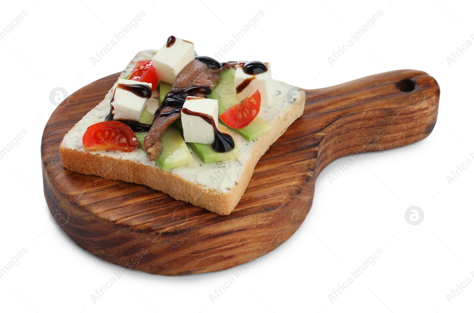 Photo of Delicious sandwich with anchovy, cheese, tomato and sauce on white background