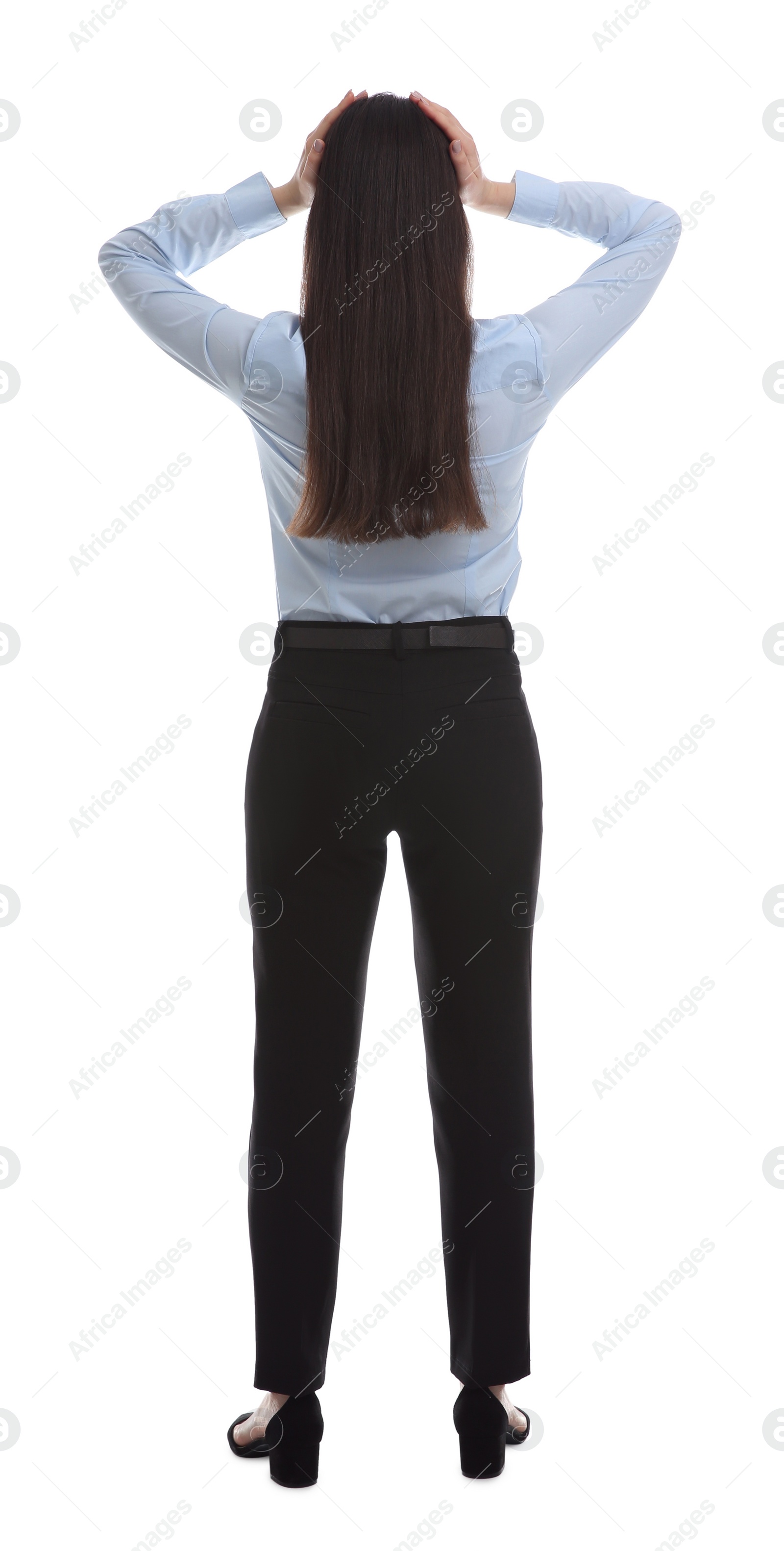 Photo of Young businesswoman in elegant suit on white background, back view