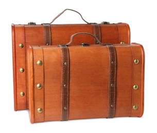 Beautiful brown vintage suitcases on white background