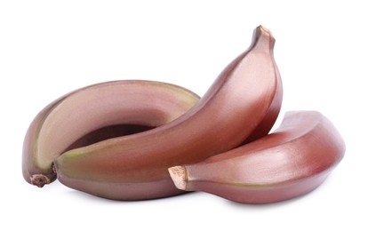 Photo of Tasty red baby bananas on white background