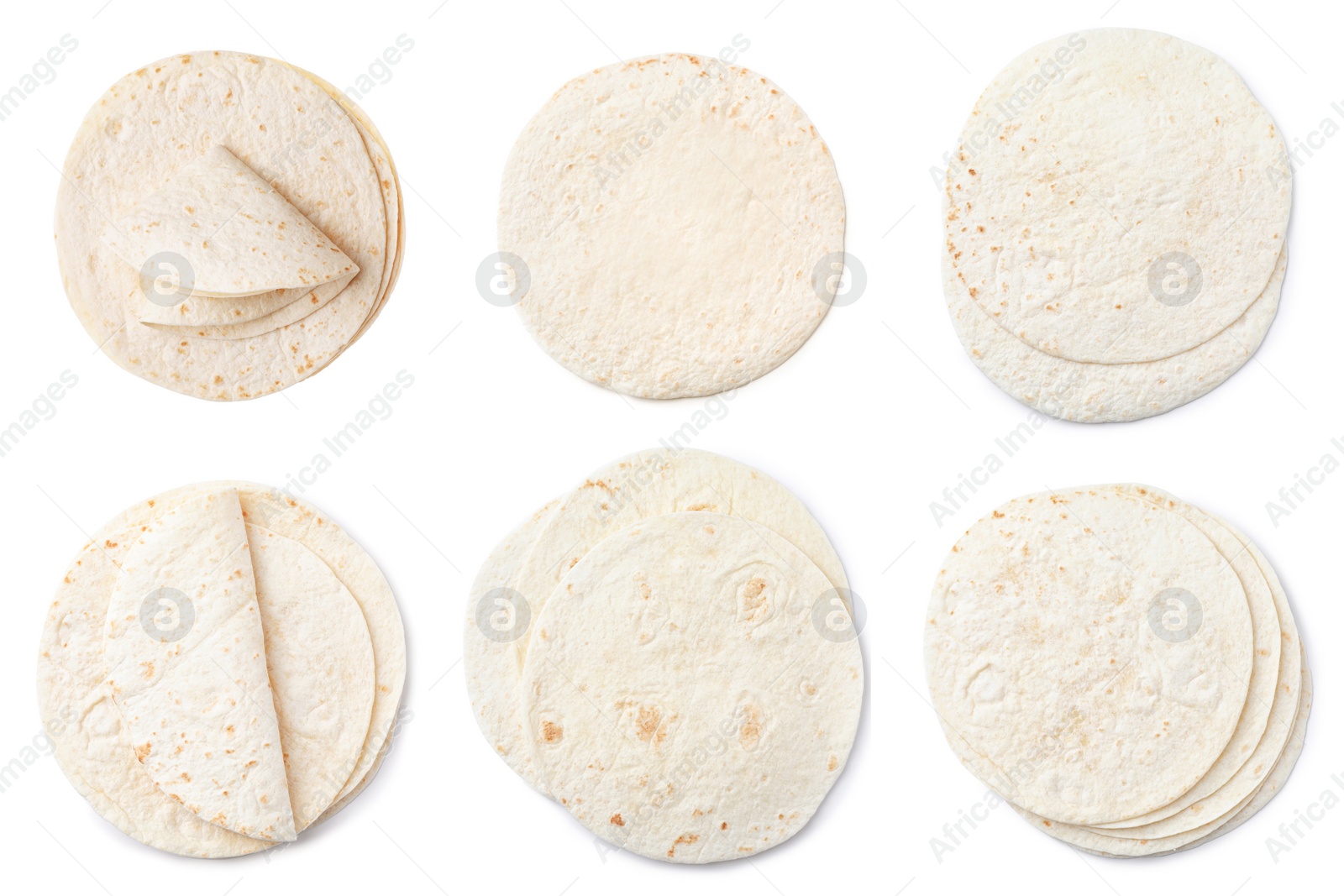 Image of Set of corn tortillas on white background, top view