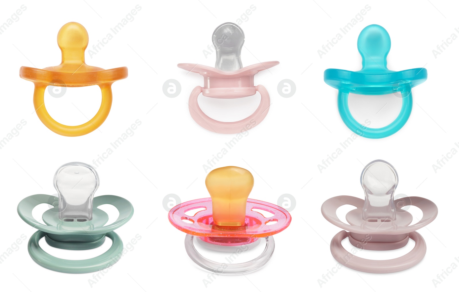 Image of Collage of baby pacifiers in different colors on white background