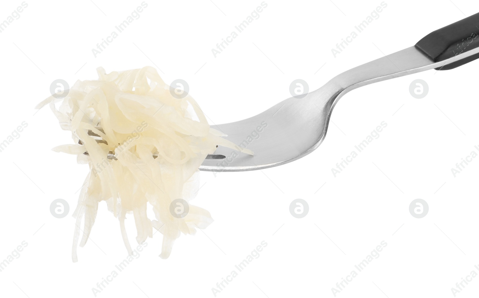 Photo of Fork with tasty sauerkraut on white background