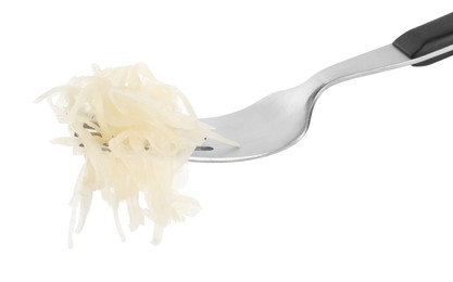 Photo of Fork with tasty sauerkraut on white background