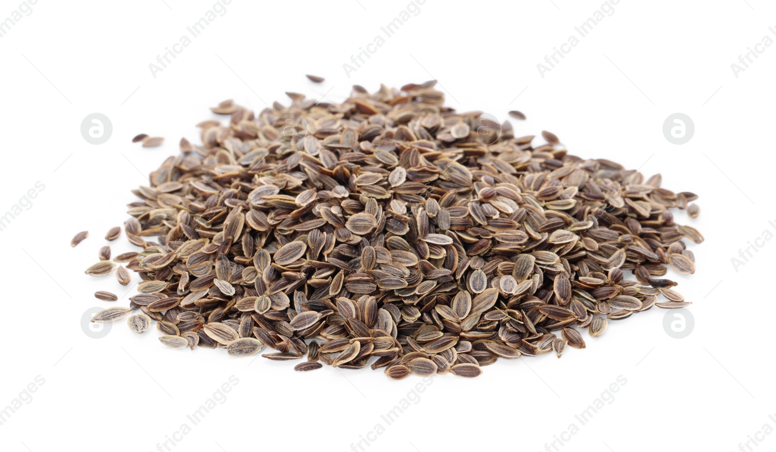 Photo of Heap of dry dill seeds isolated on white