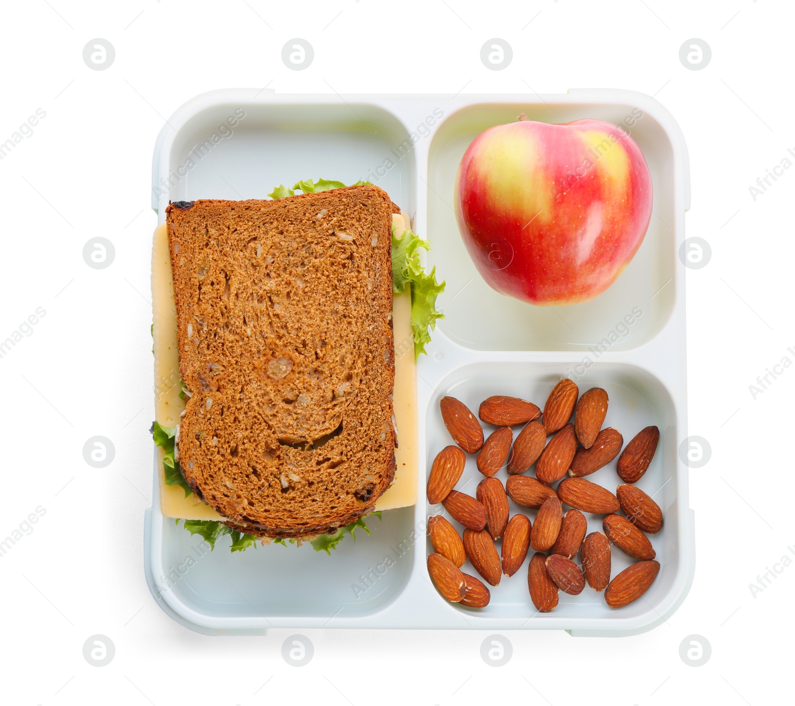 Photo of Lunch box with appetizing food on white background, top view