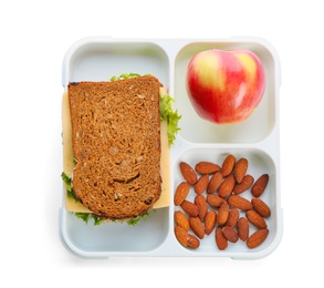 Photo of Lunch box with appetizing food on white background, top view