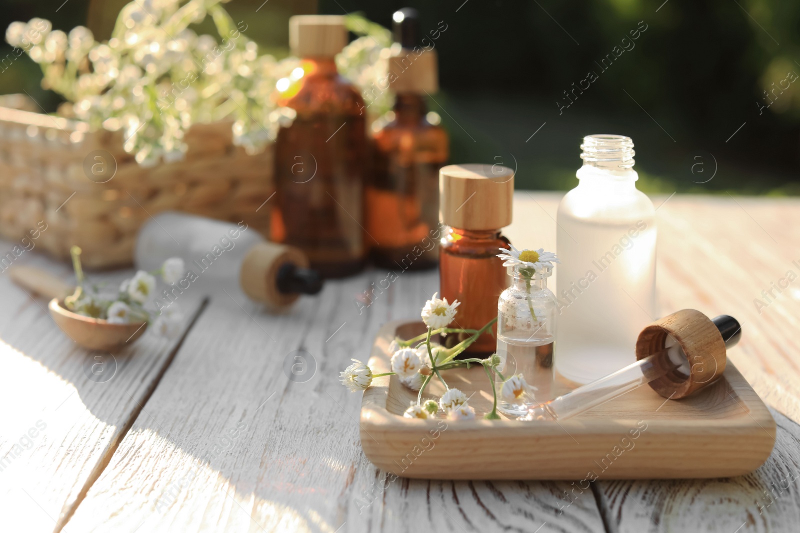 Photo of Chamomile essential oil, pipette and flowers on white wooden table outdoors, space for text