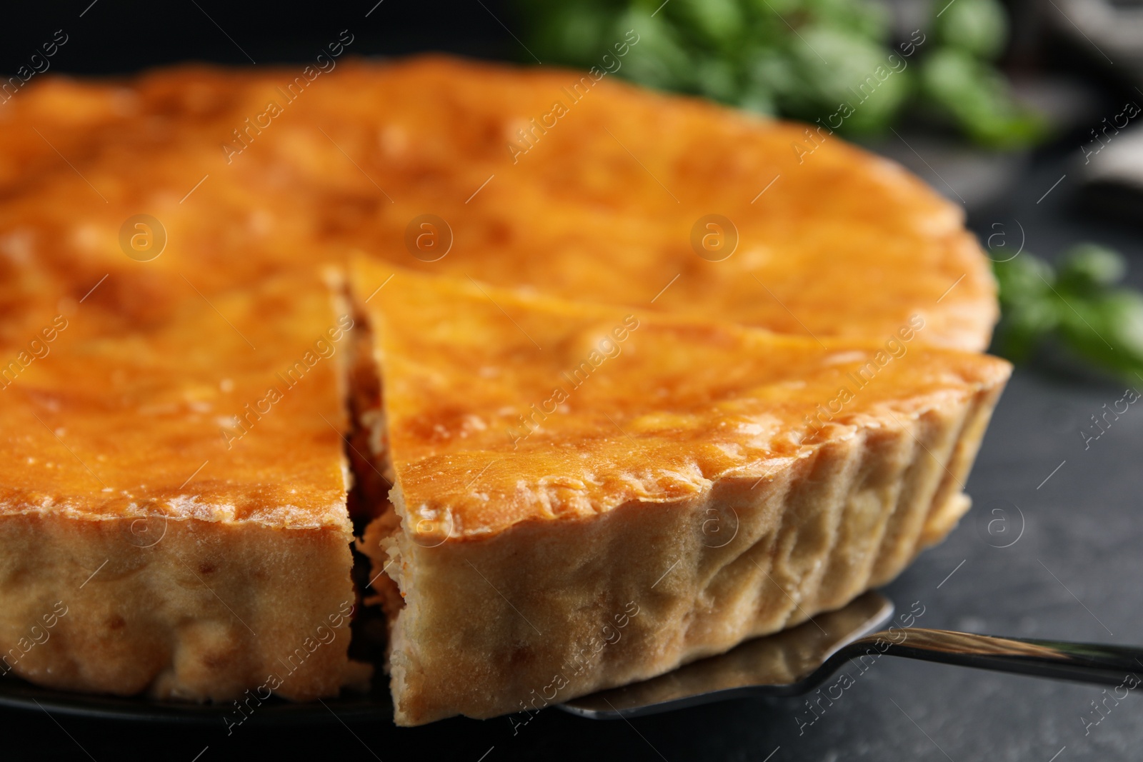 Photo of Delicious pie with meat on black table, closeup